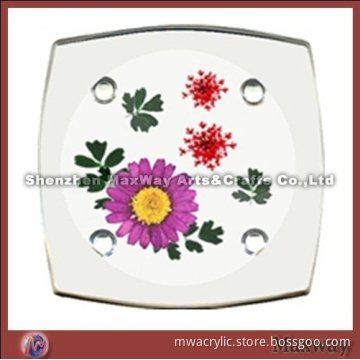 Elegant Polished Quadrate White Acrylic Coaster /Tray with Flower Picture Promotion for Cup